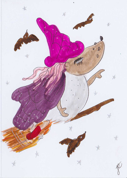 Ballettoons illustrated card of Hedgie in witch costume astride a broomstick