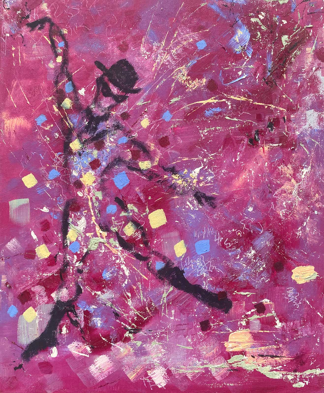 Semi-abstract painting of a dancing figure in black brushstrokes on a vibrant magenta and purple background with splatters of yellow, blue and white.