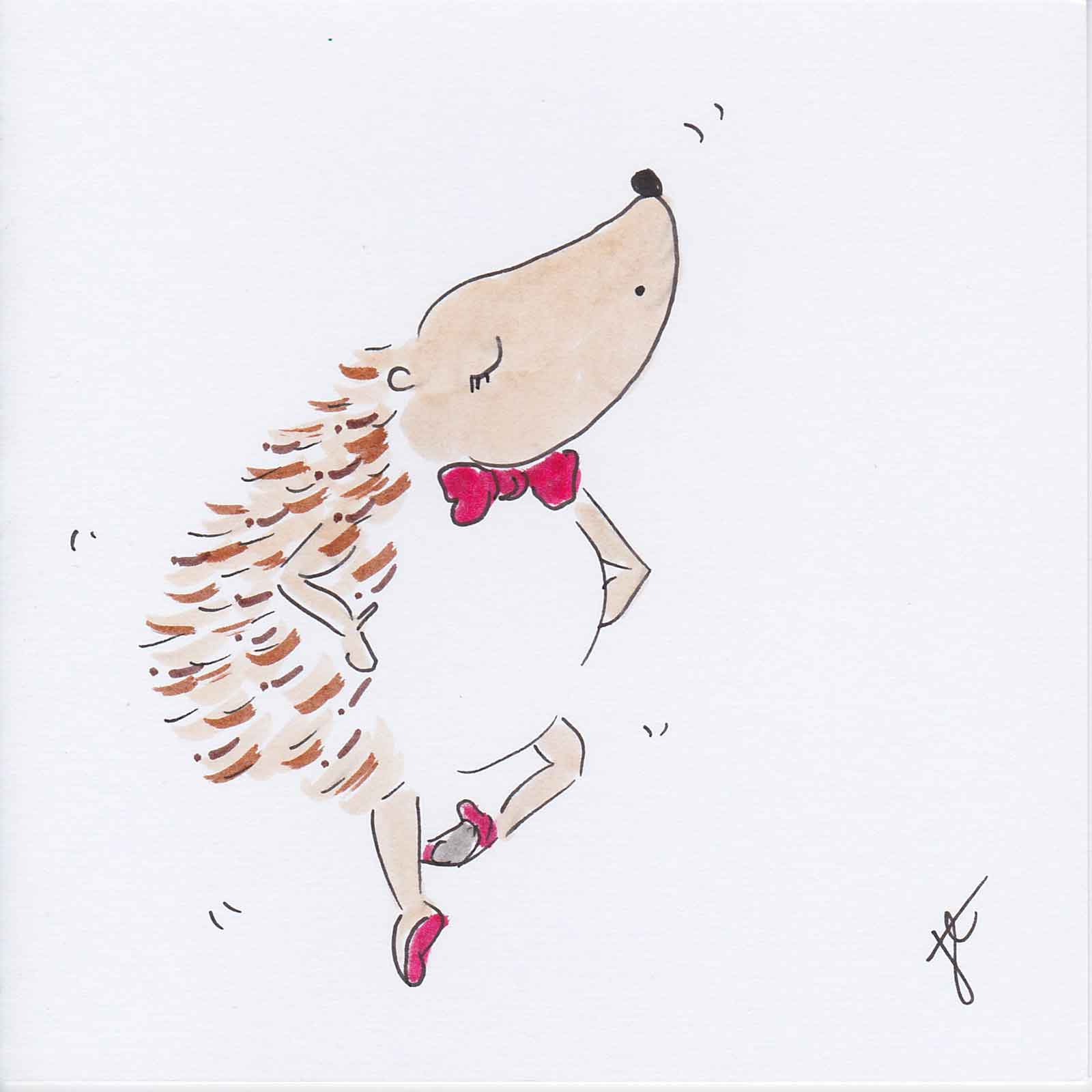 Hedgio Ballettoons illustrated card: pirouette pose and red bow tie and shoes