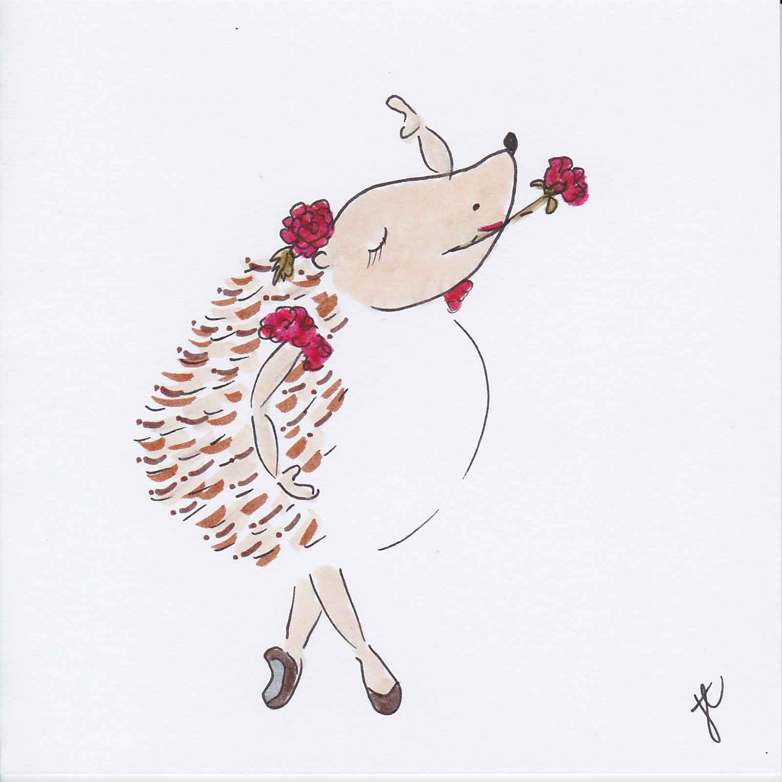 Ballettoons illustrated card: Hedgie as Carmen with rose