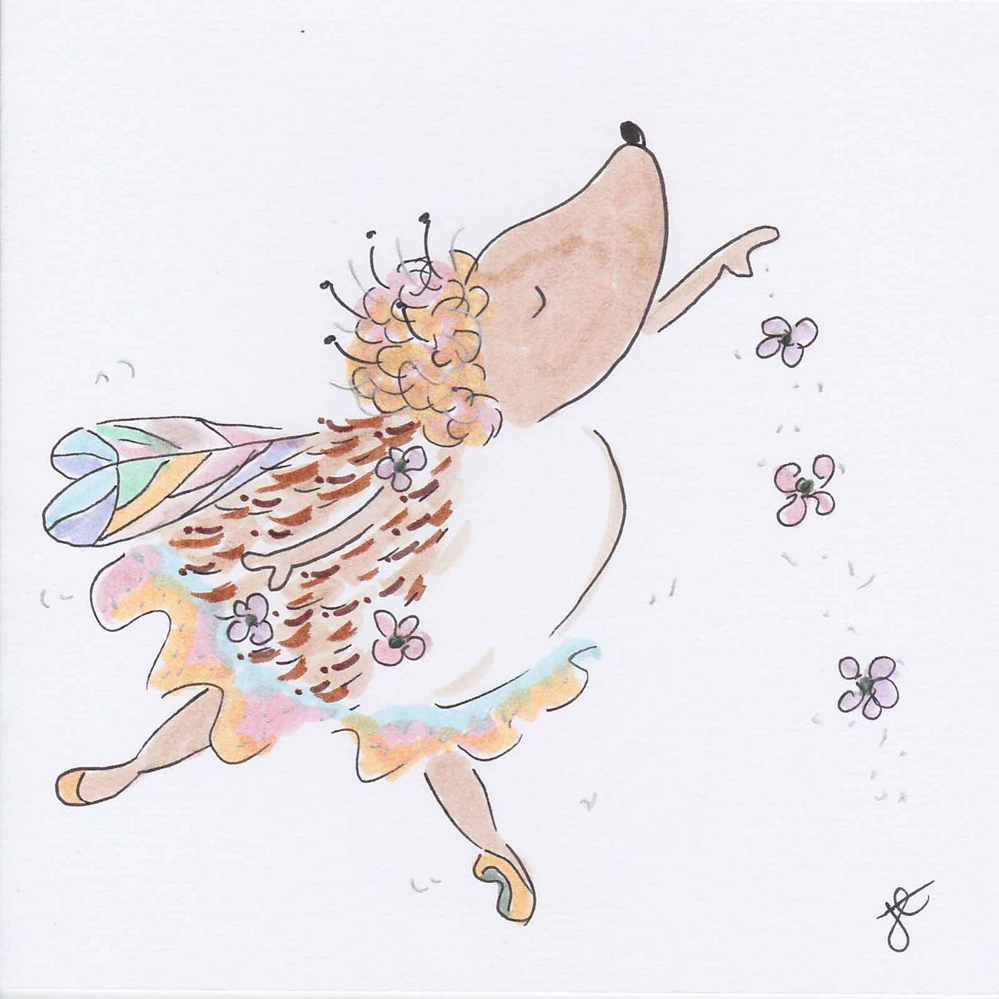 Ballettoons Hedgie illustration of dancing hedgehog poised in arabesque in fairy costume