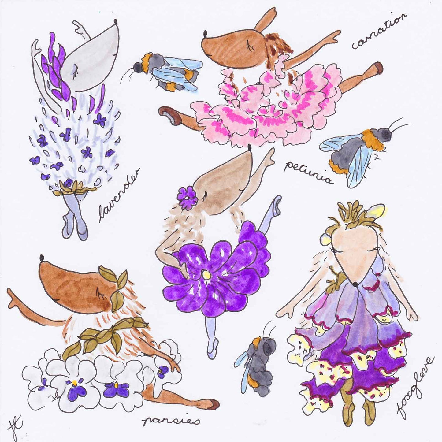 Collage of Ballettoons Hedgie illiustrations with purple and pink flower tutus