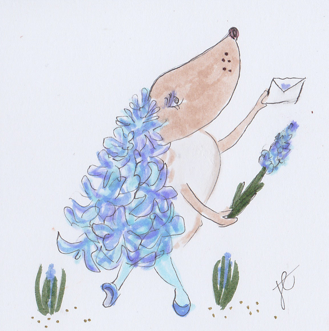 Hedgie illustrated card with hyacinth costume