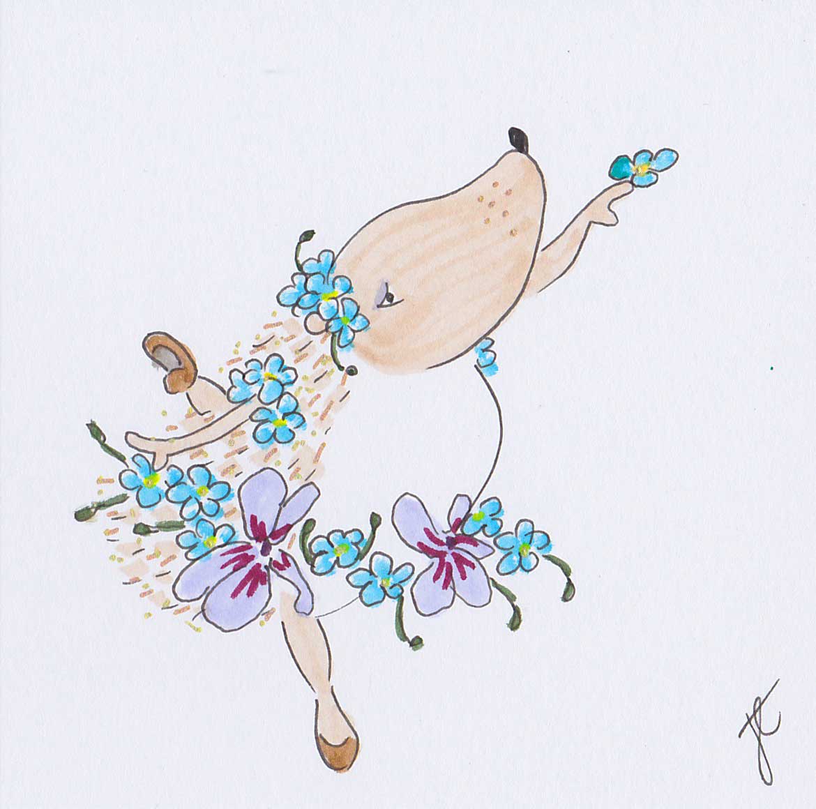 Hedgie Ballettoons illustration in flower tutu of violets and forget-me-nots