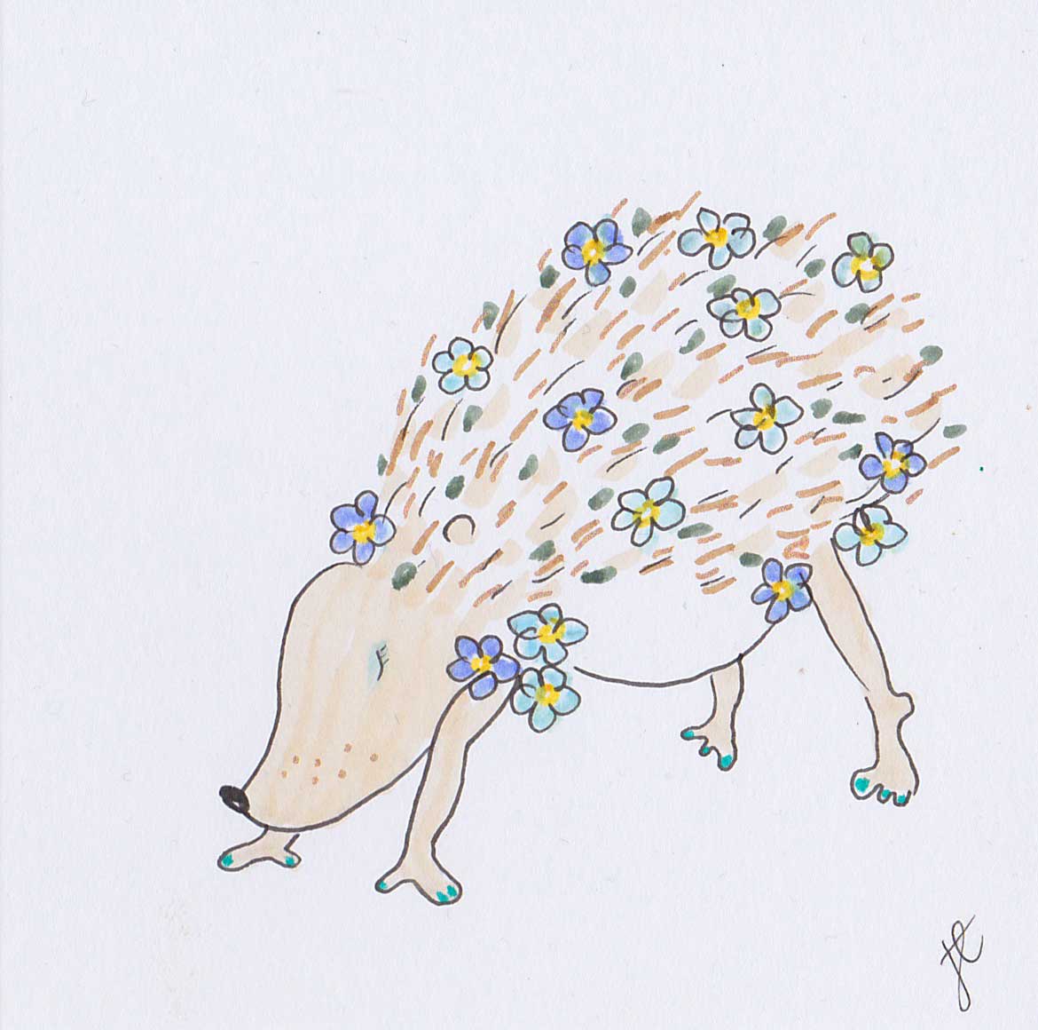 Hedgie yoga illustrated card in downward dog yoga pose with forget-me-nots