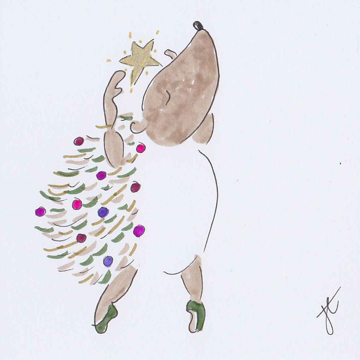 Hedgie en pointe with Christmas tree decorations in her spikes and a star between her raised arms