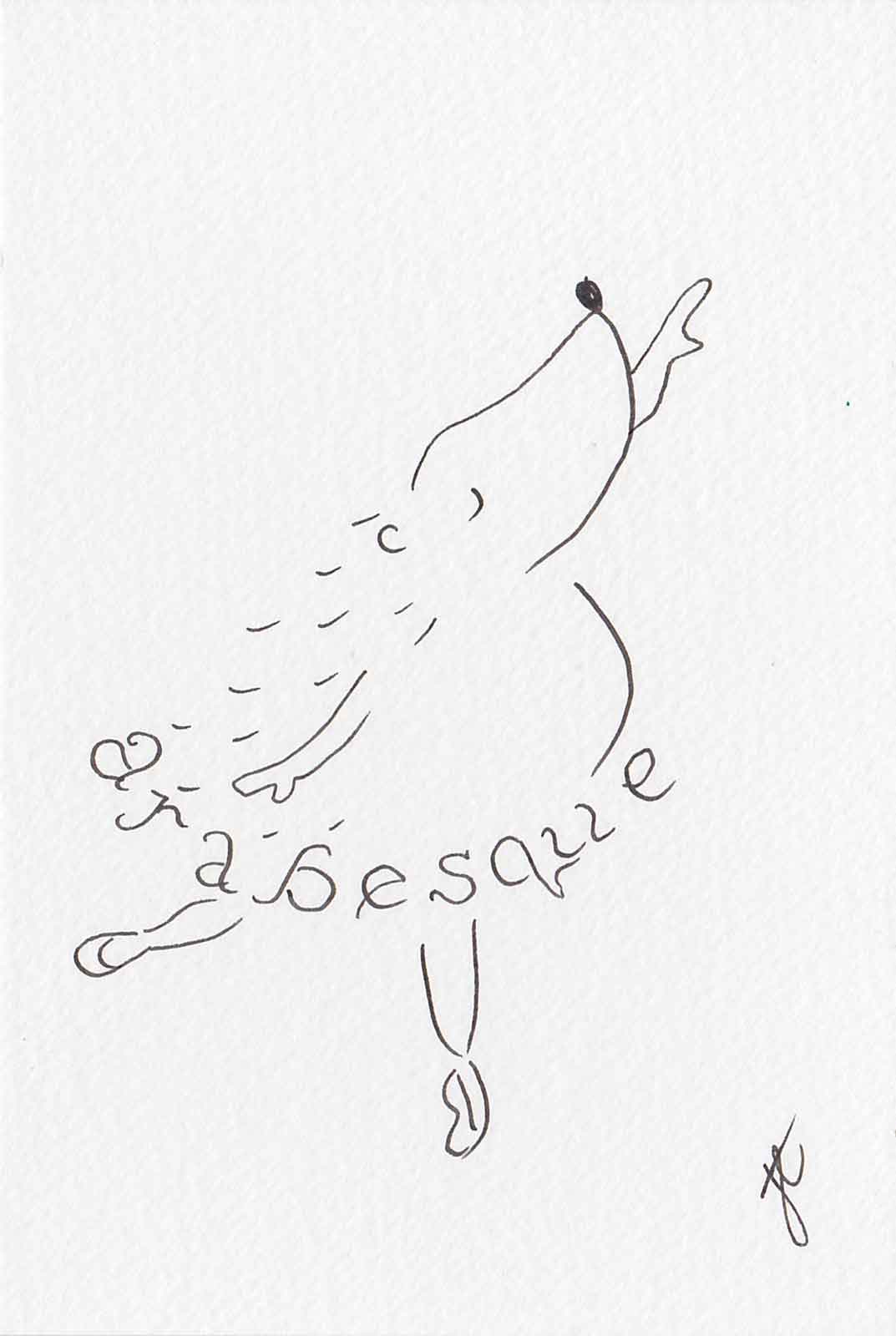 Hedgie ballettoons character in arabesque pose with handlettered arabesque tutu