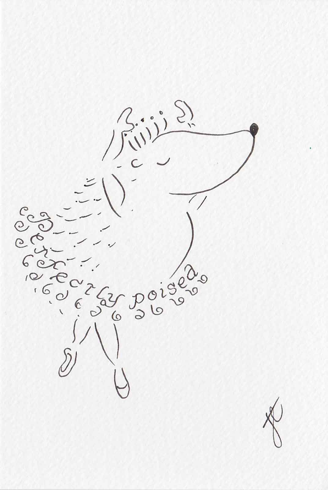 Ballettoons Hedgie illustrated postcard of hedgehog en pointe with perfectly poised handlettered tutu
