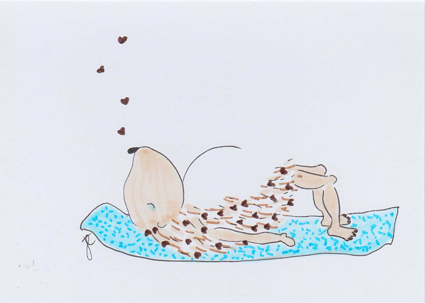 Hedgie yoga illusration on blue yoga mat with hearts