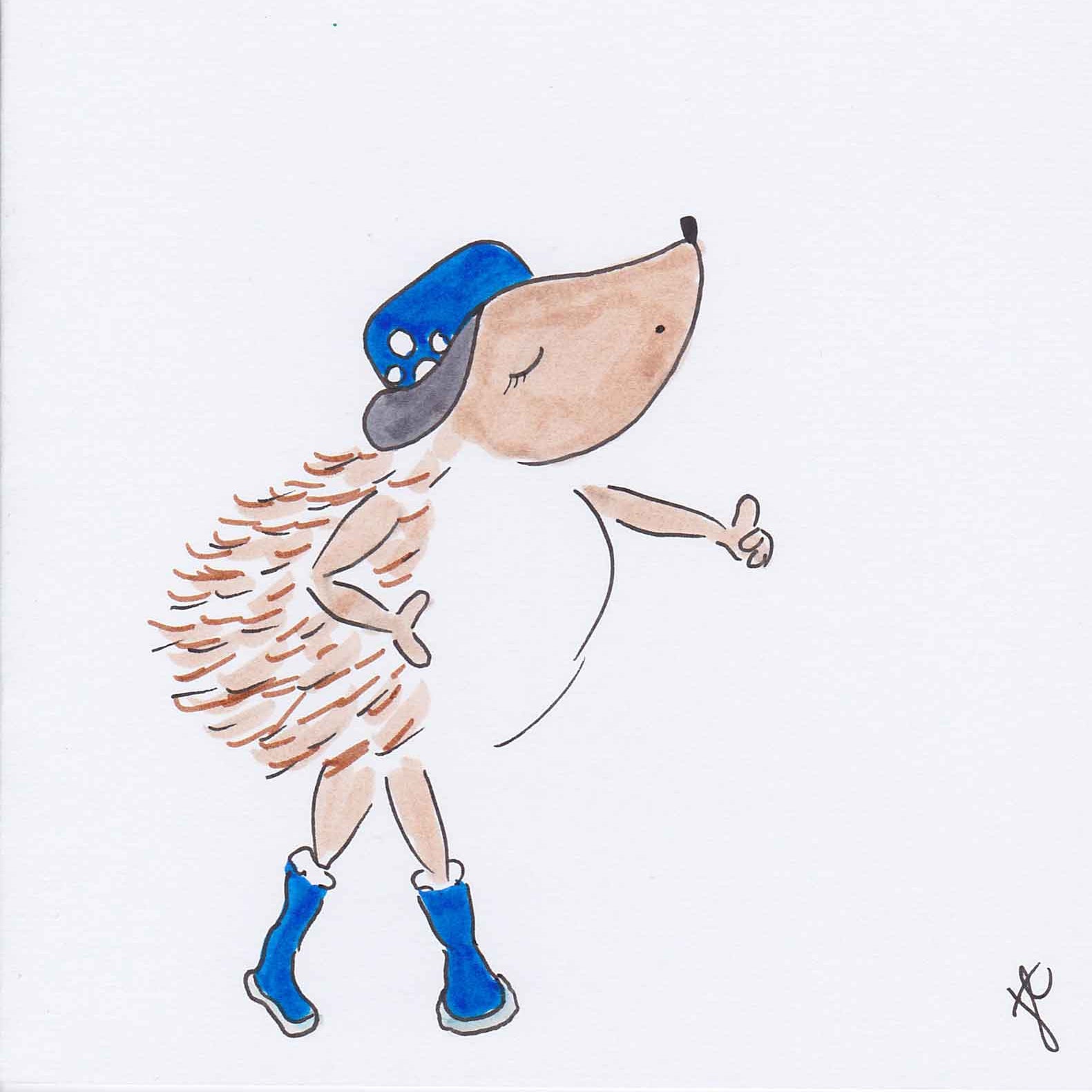 Hedgio Ballettoons character dancing in blue peak cap and boots.