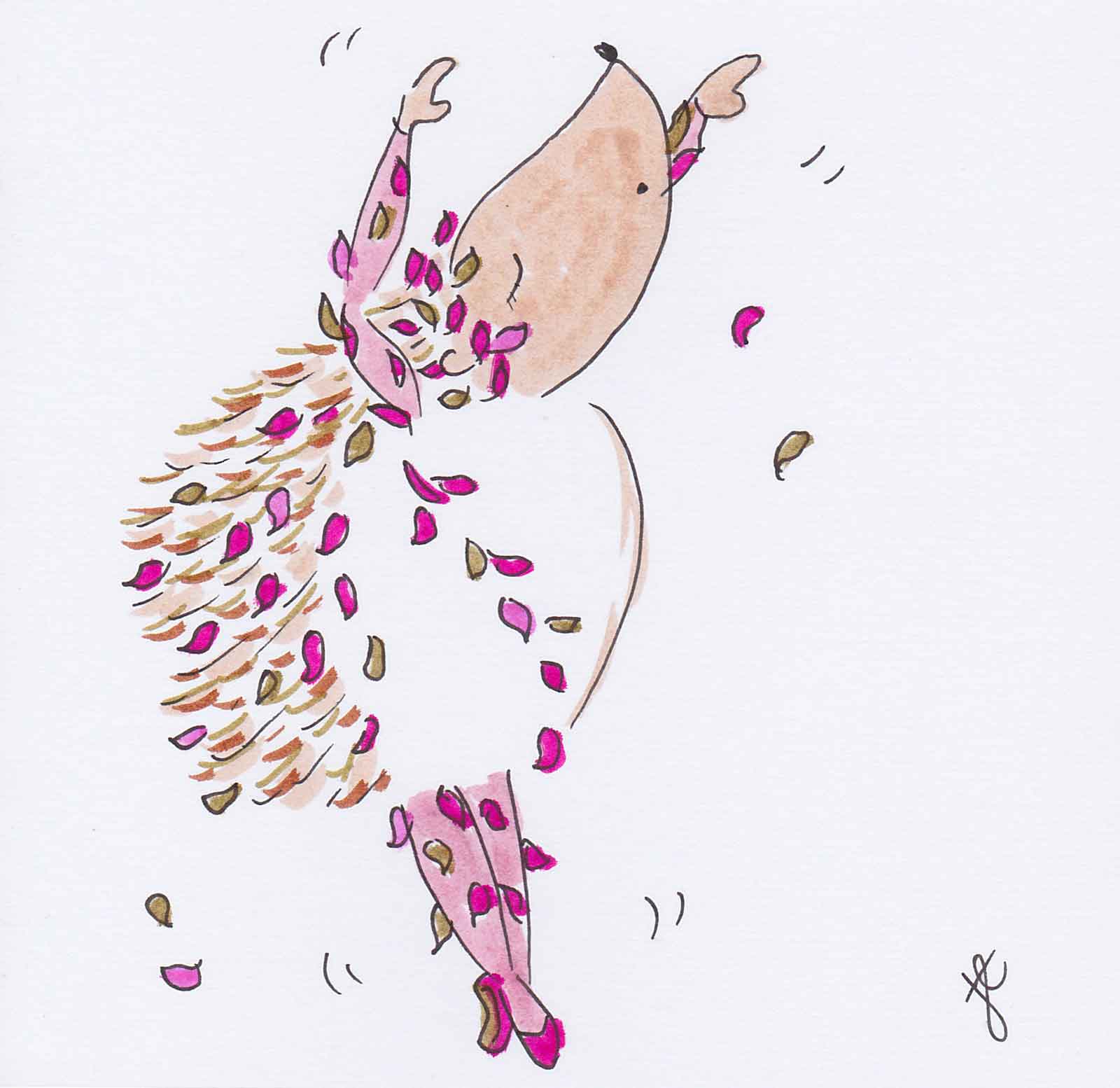 Ballettoons Hedgio illustration of dancing hedgehog mid-leap in rose spectre costume