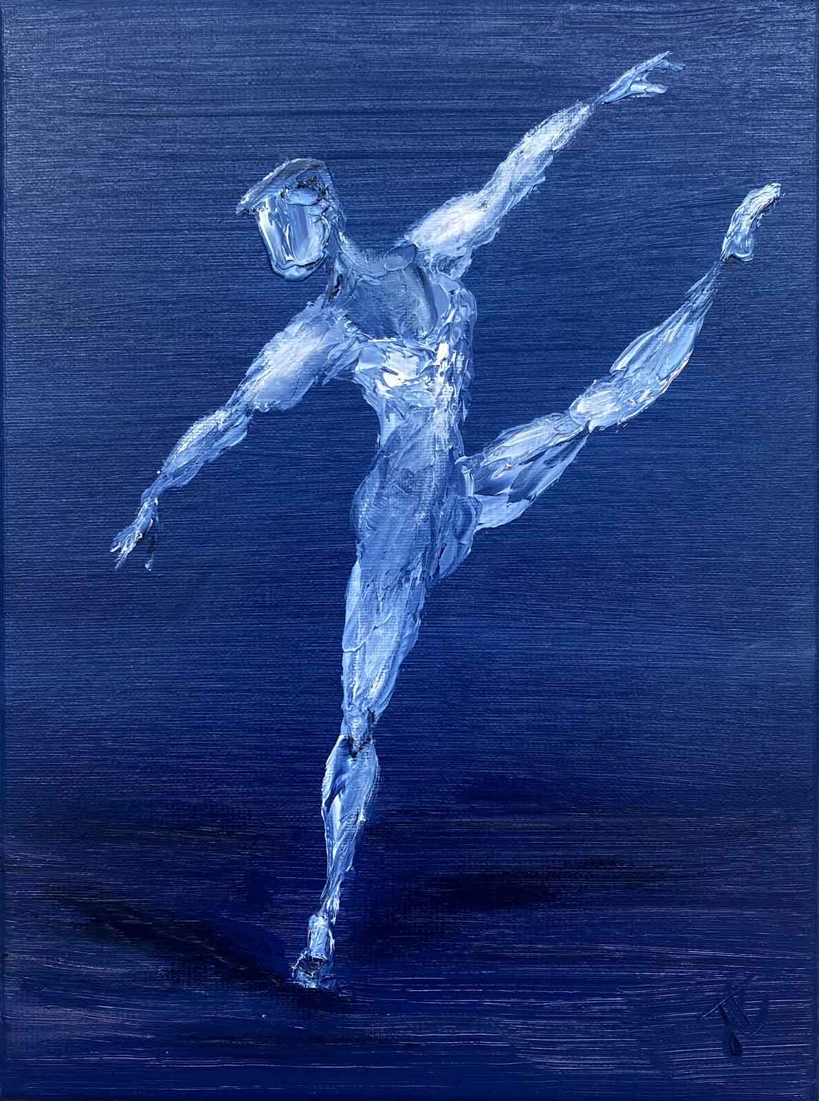 Stylised painting in blue and white of danseur figure poised with arms and left leg extended