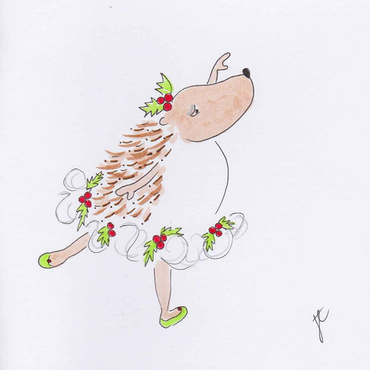 Ballettoons Hedgie drawn in arabesque with holly tutu, headpiece and shoes