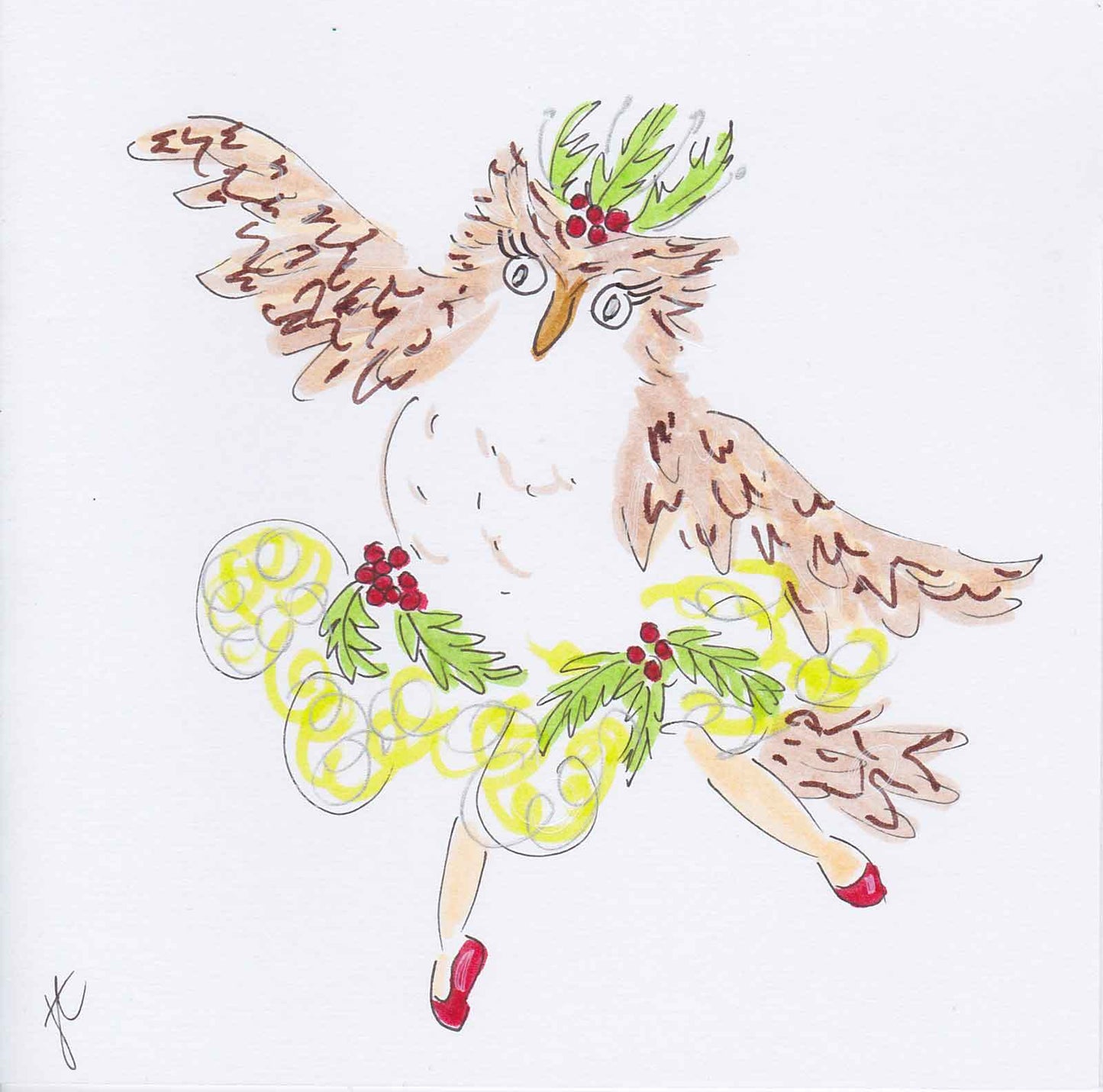 Ballettoons illustrated card of dancing owl in holly costume