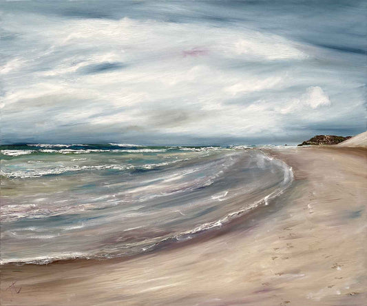 Seascape painting of beach with sand dunes in distance