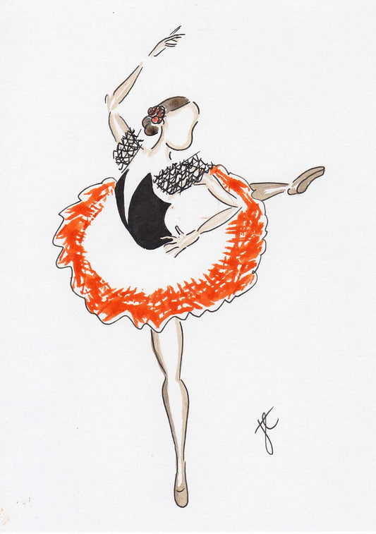 Pen sketch of stylised ballerina in tutu with black bodice