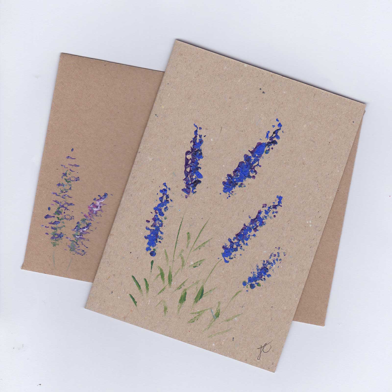 Lavender greetings card and envelope, both painted by hand