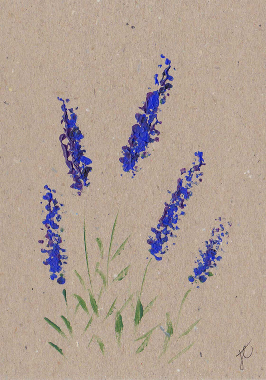 Kraft card decorated with vibrant blue lavender flowers