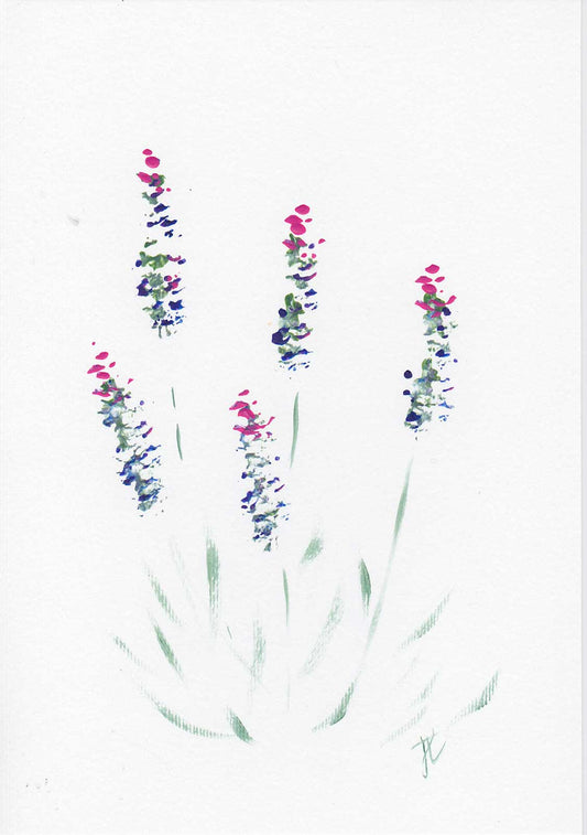 Acrylic paint sketch of gently stylised lavender flowers on a white background