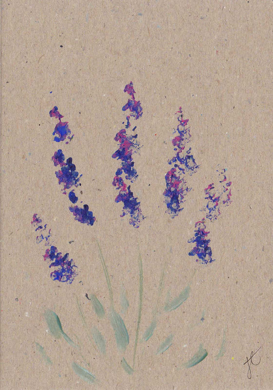Kraft card decorated with painted lavender flowers