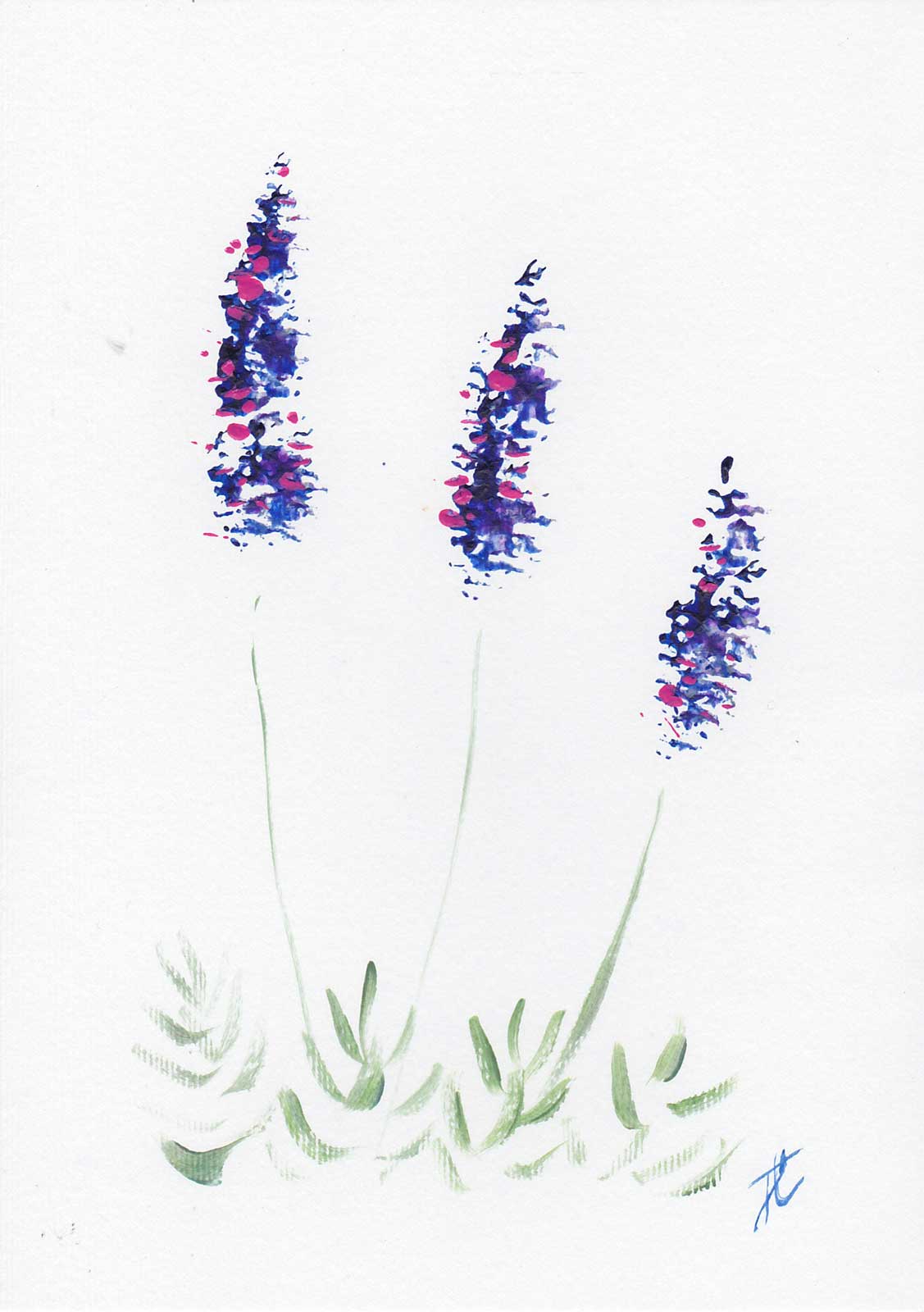 Artistic depiction of a trio of lavender flowers with acrylic texture on a white background