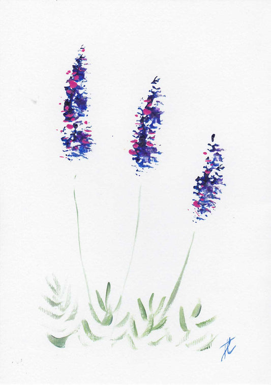 Artistic depiction of a trio of lavender flowers with acrylic texture on a white background