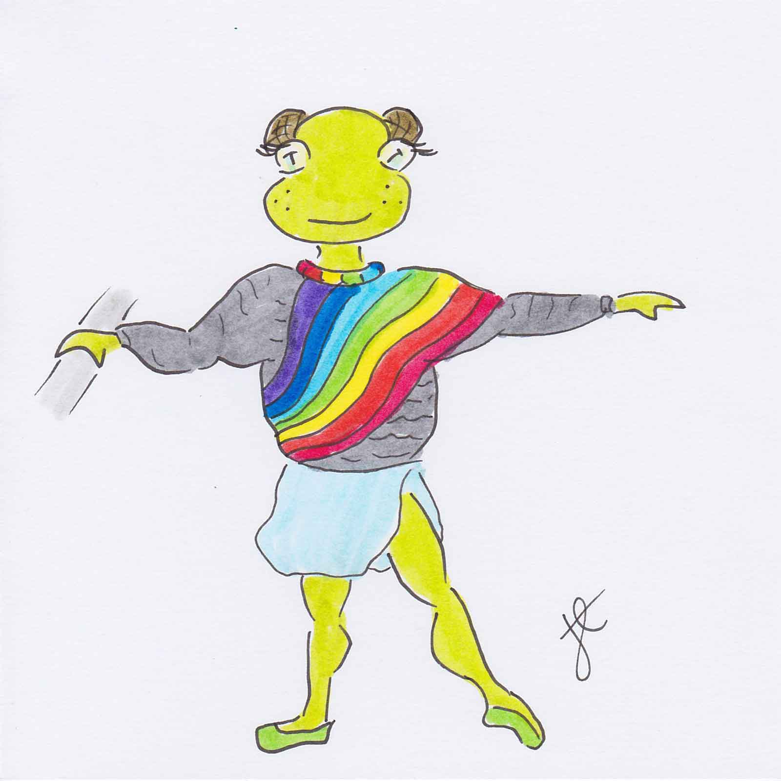 Ballettoons Lily illustration of dancing frog poised at the barre in ballet skirt and rainbow jumper