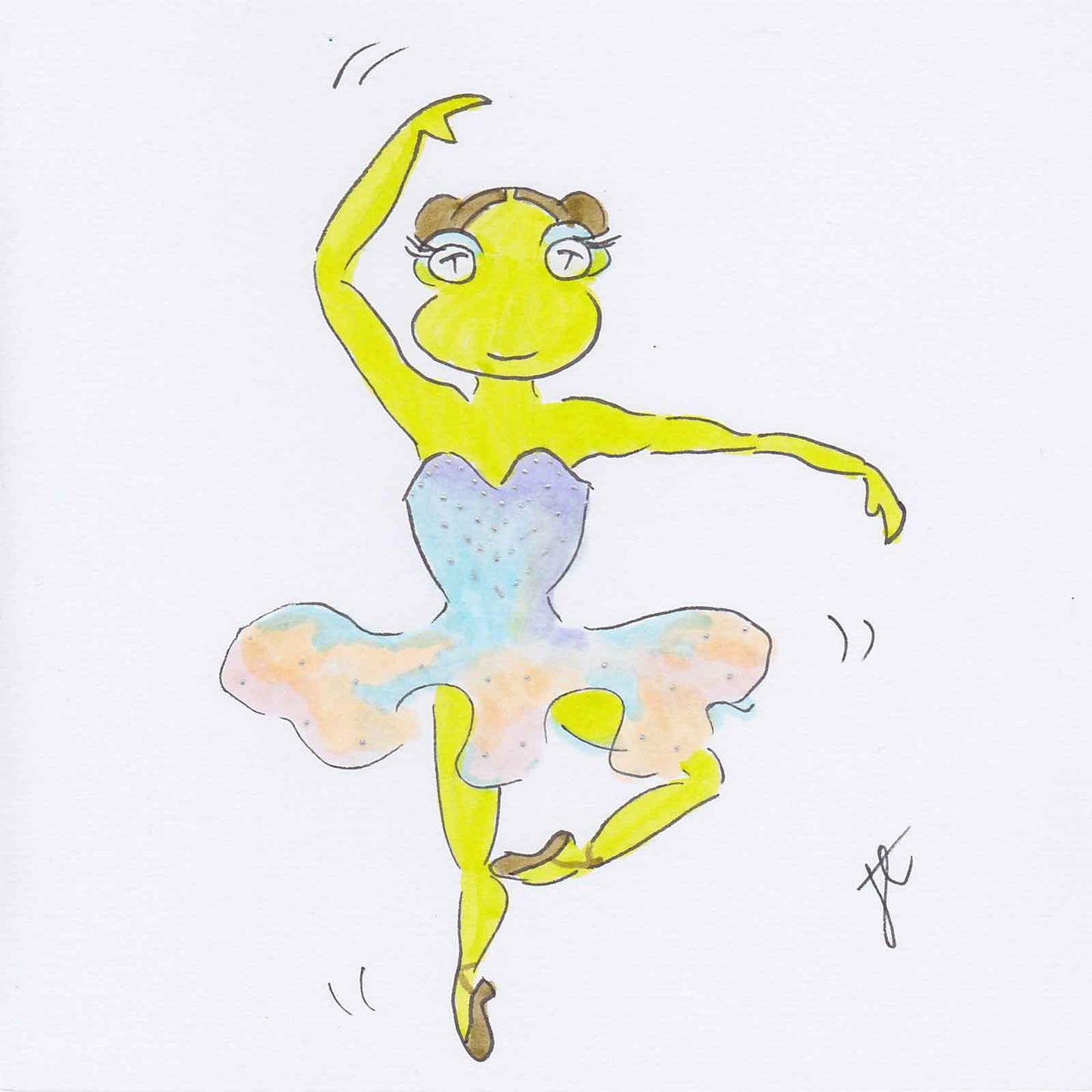 Ballettoons Lily illustration of dancing frog poised mid pirouette in tutu