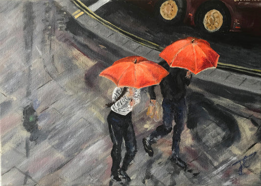 Cityscape painting with two people with orange umbrellas