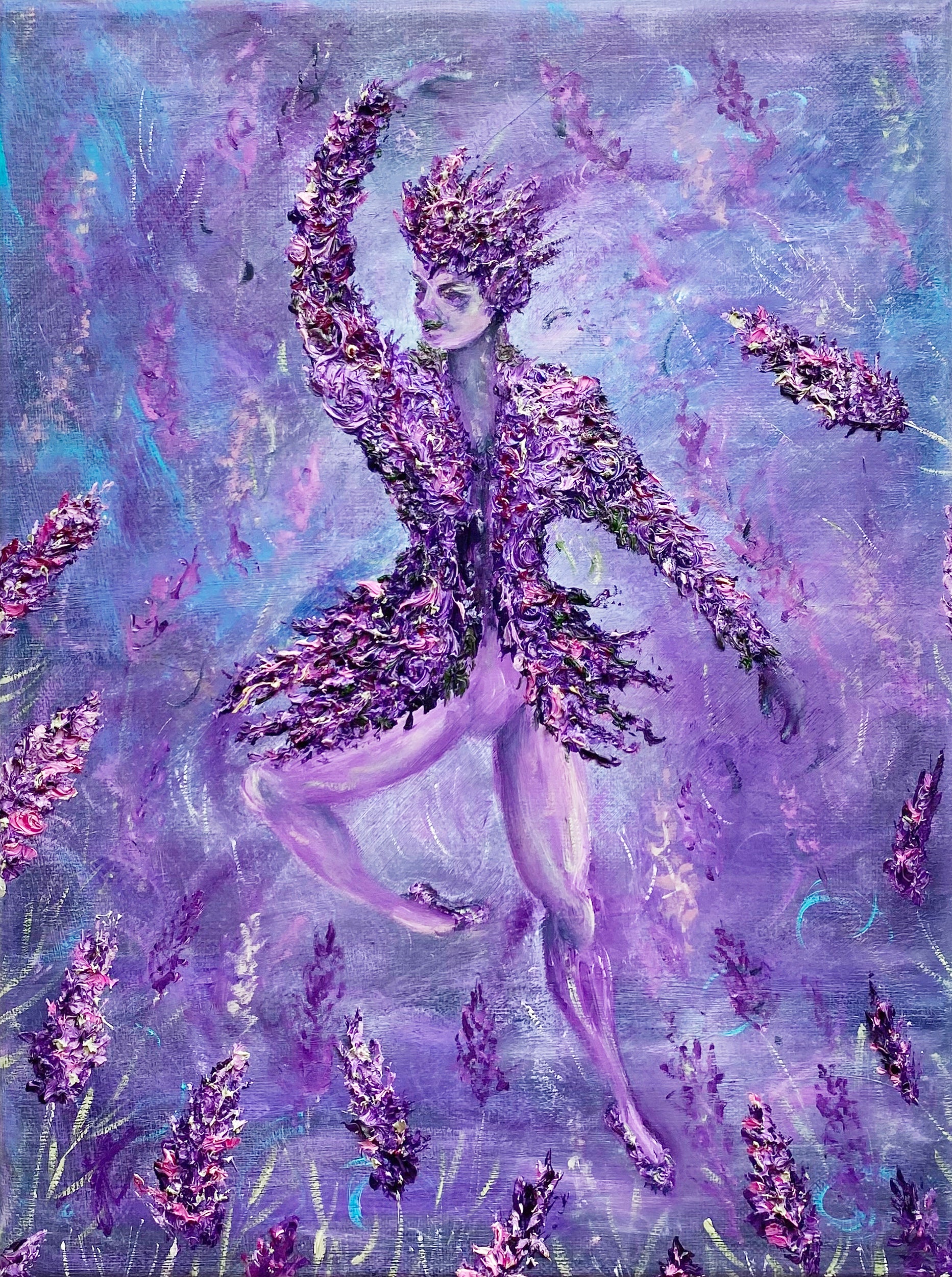 Textured danseur in lavender costume painted against purple background with textured lavender blooms