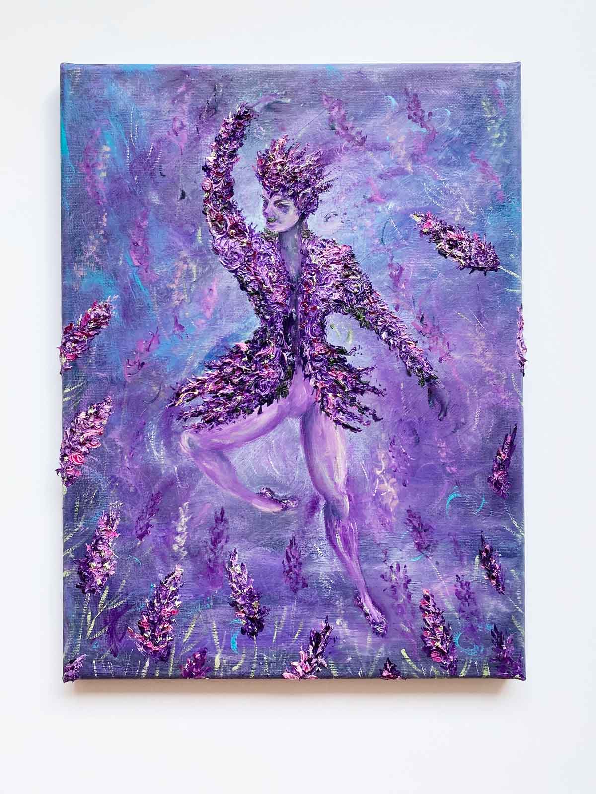 Textured danseur in lavender costume painted against purple background with textured lavender blooms. Shown against light surface.