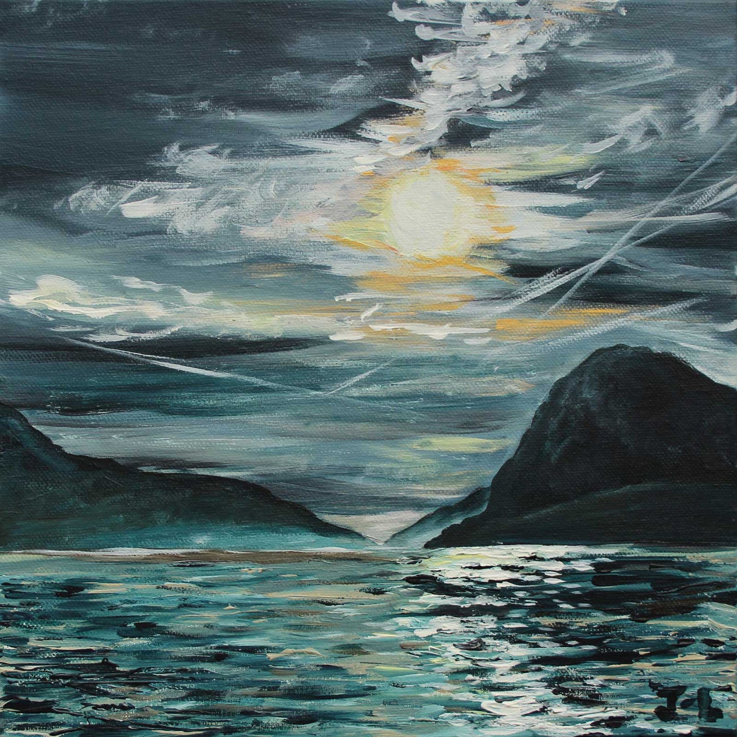 Acrylic painting of sun setting over mountains and lake