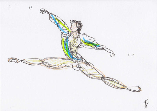 Illustrated card with continuous line drawing with colour details of a male dancer mid-leap on a white background
