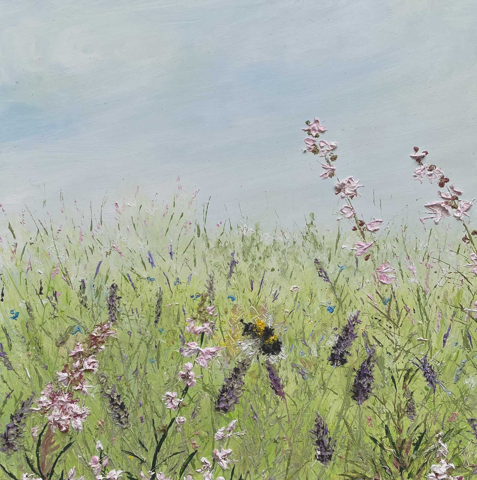 Painting of a meadow with tall grass and lavender and wildflowers under a blue sky. A bee hovers amidst the textured blooms.