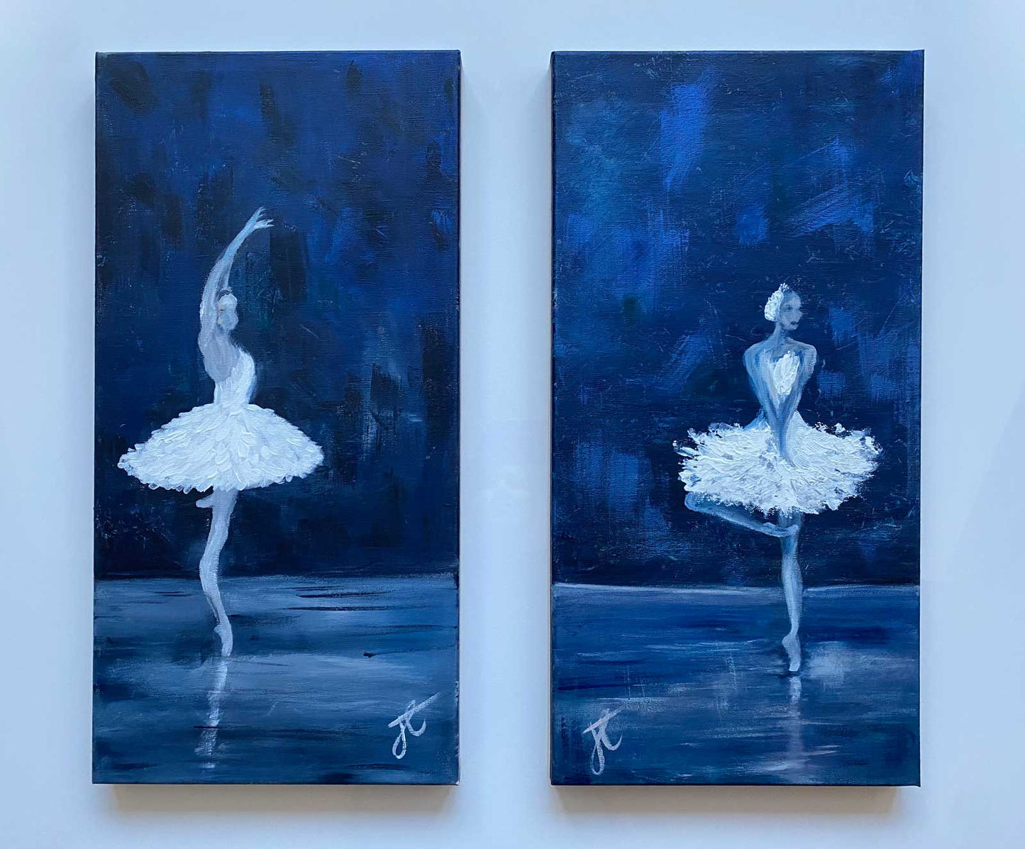 Painting duo: two swan ballerina figures on a dark blue background