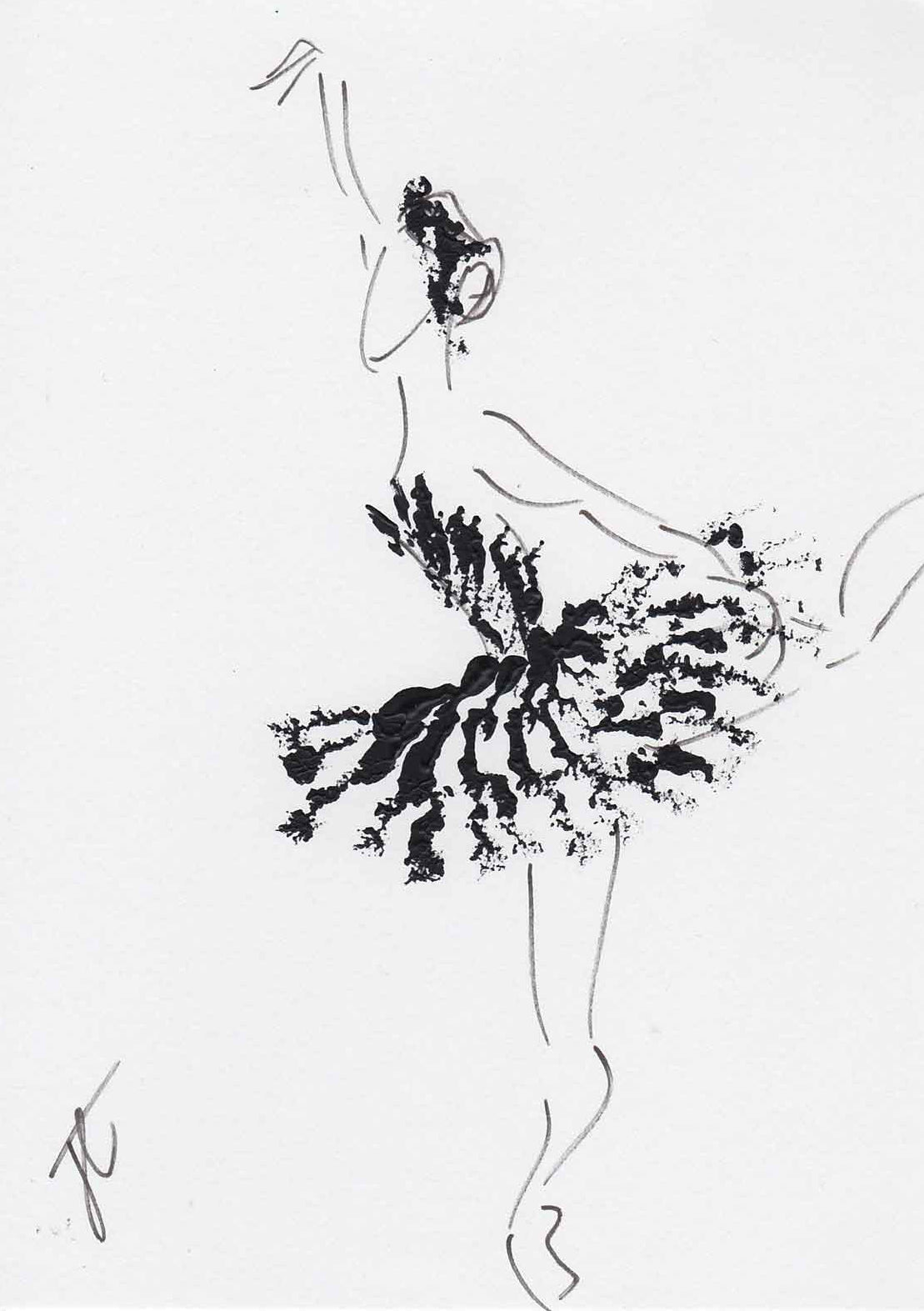 Mixed media sketch of ballerina poised en pointe in black tutu