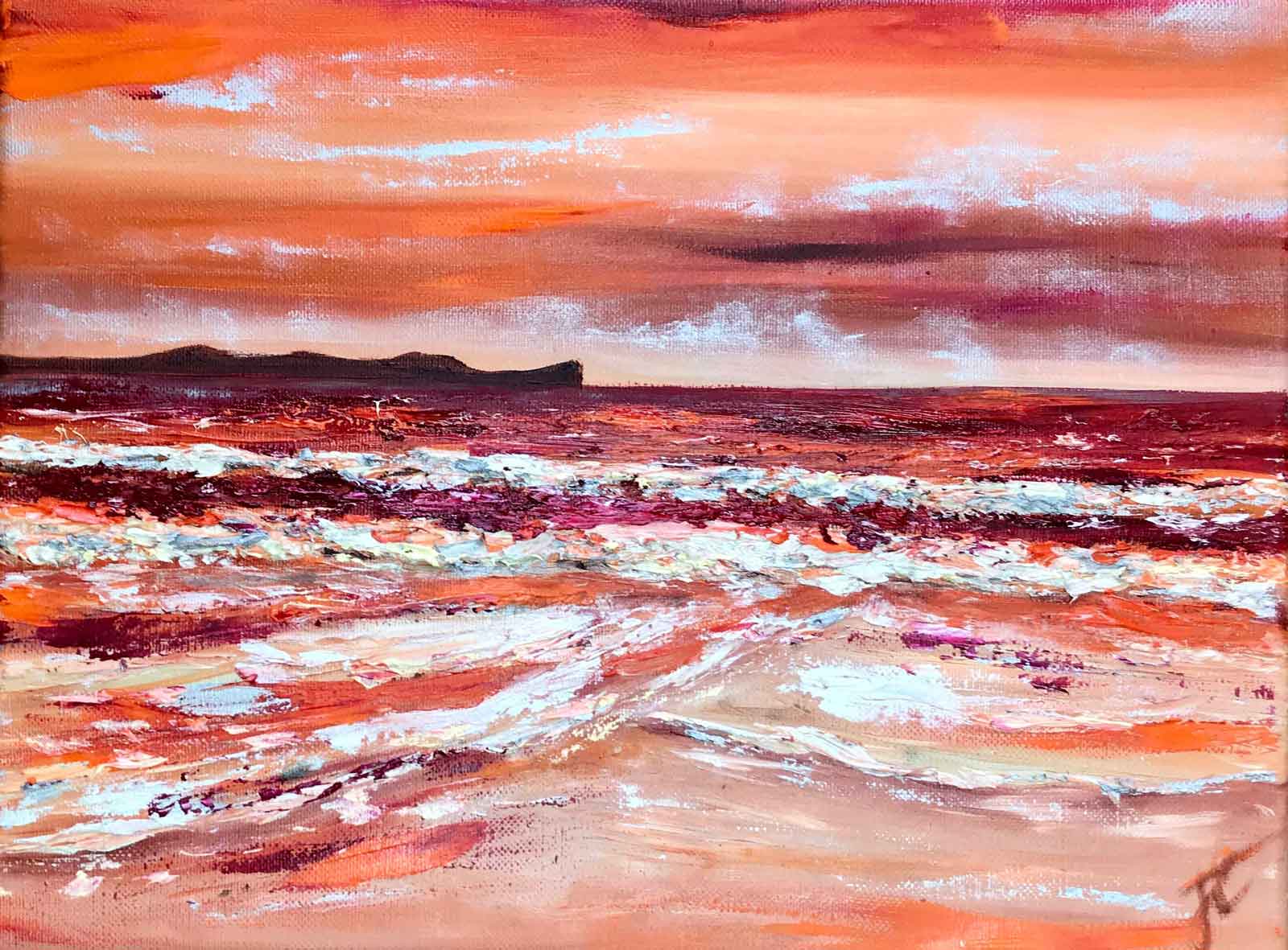Textured oil painting of seascape with orange colour scheme