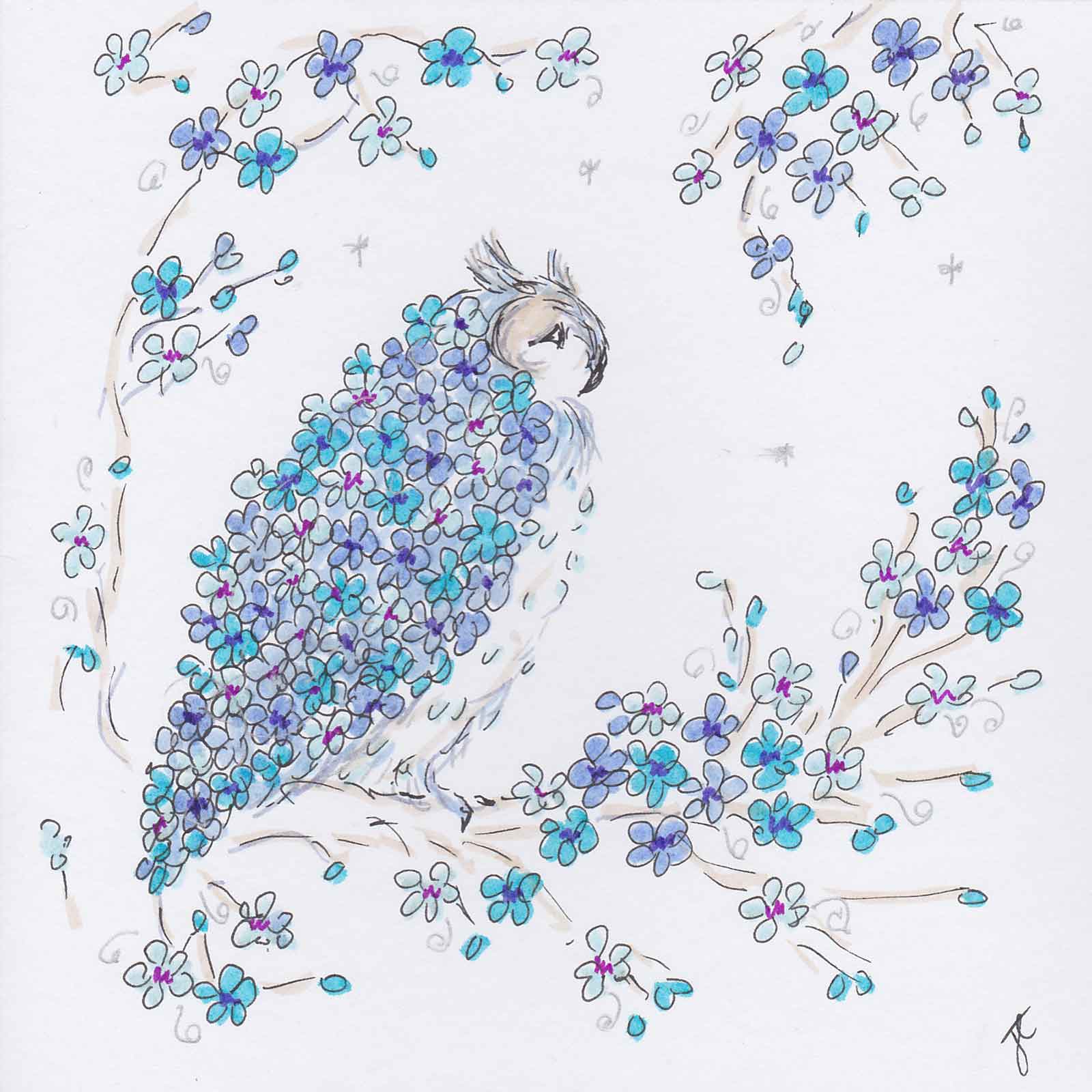 Illustrated card with owl in blue blossom tree