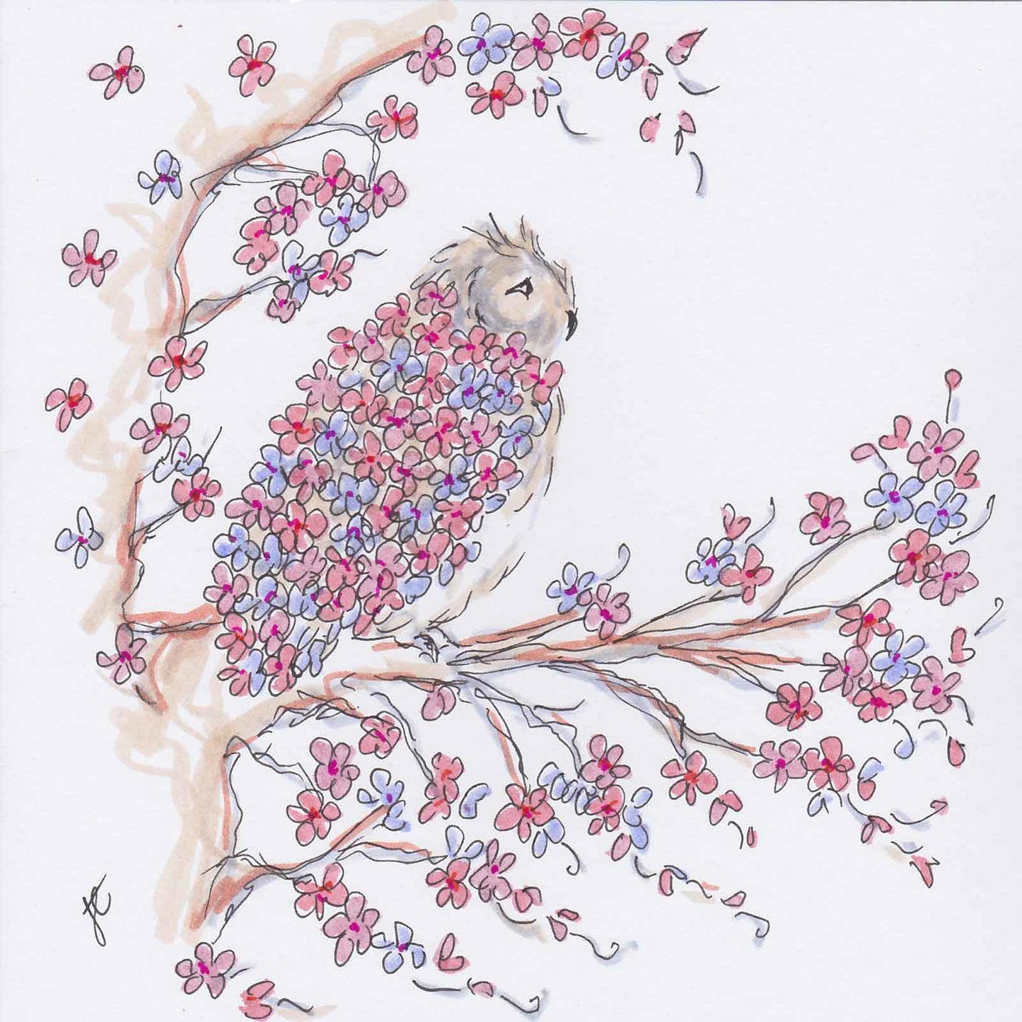 Illustrated card with owl in pastel coloured blossom tree