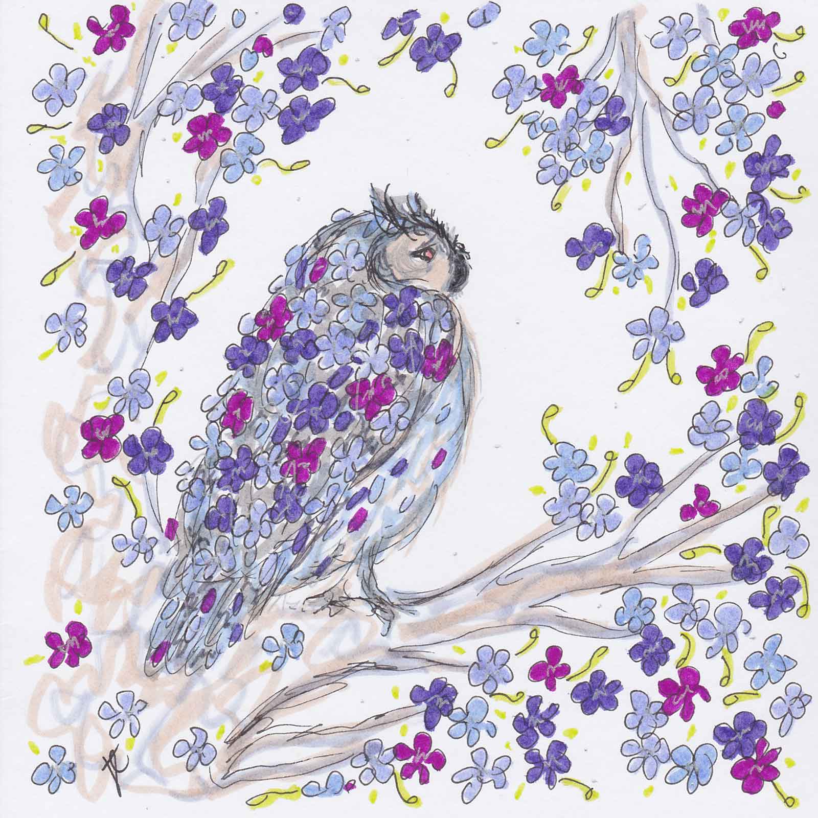 Illustrated card with owl in purple blossom tree