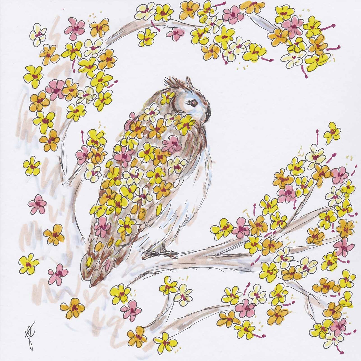 Illustrated card with owl in yellow blossom tree