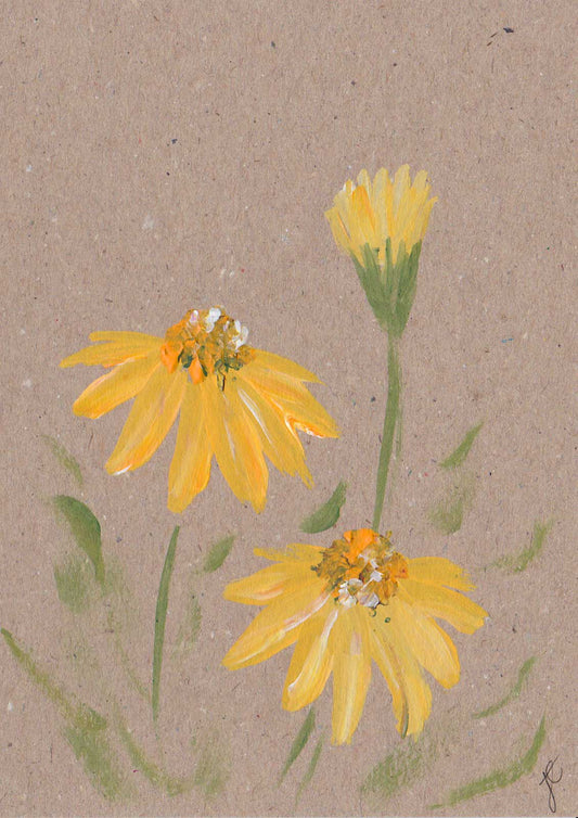 Card with 3 hand-painted yellow daisy flowers and foliage on a textured brown background