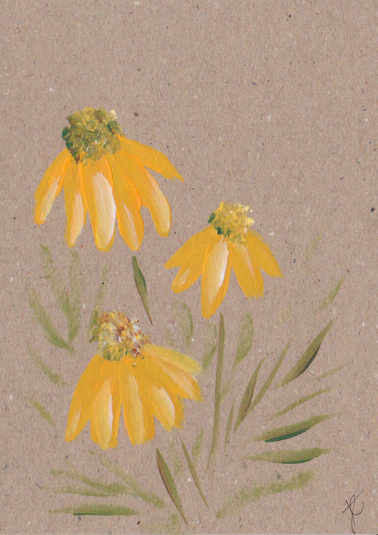 Three yellow daisies with green leaves on a textured brown background