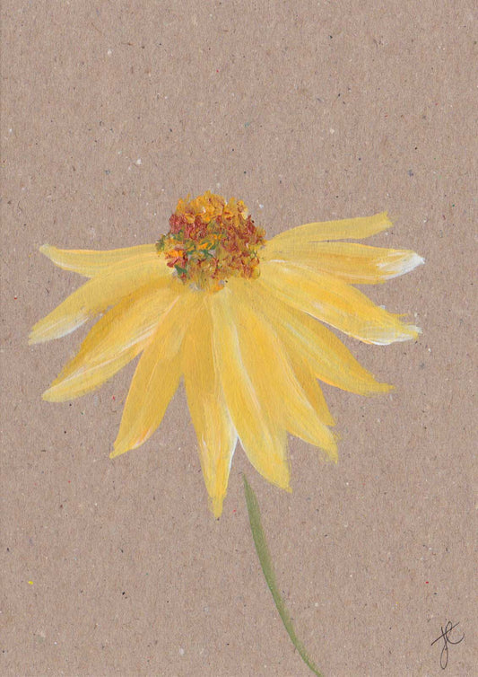 Note card with yellow daisy flower painted on recycled card