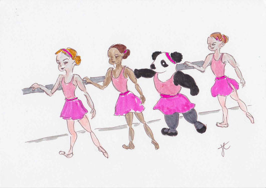 Ballettoons illustration with 4 young dancers in pink leotards and skirts, the third dancer from the left is a panda 