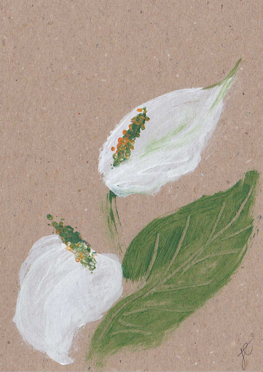 Hand-painted art greetings card with white peace lily flowers and green leaves on a brown background