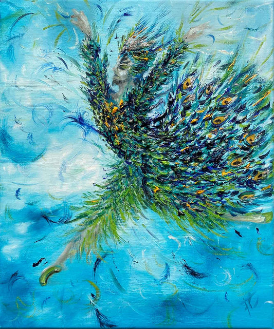 Dancer painting of male dancer midleap in peacock costume