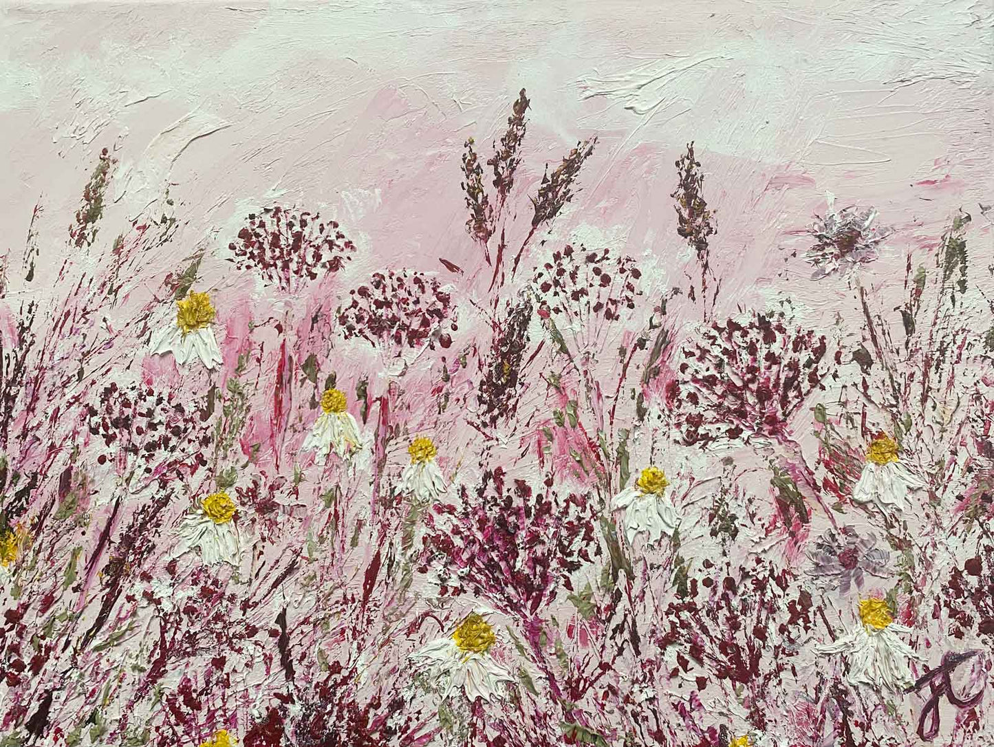 Pink textured oil painting of flower meadow with daisies, grasses and alpine blooms