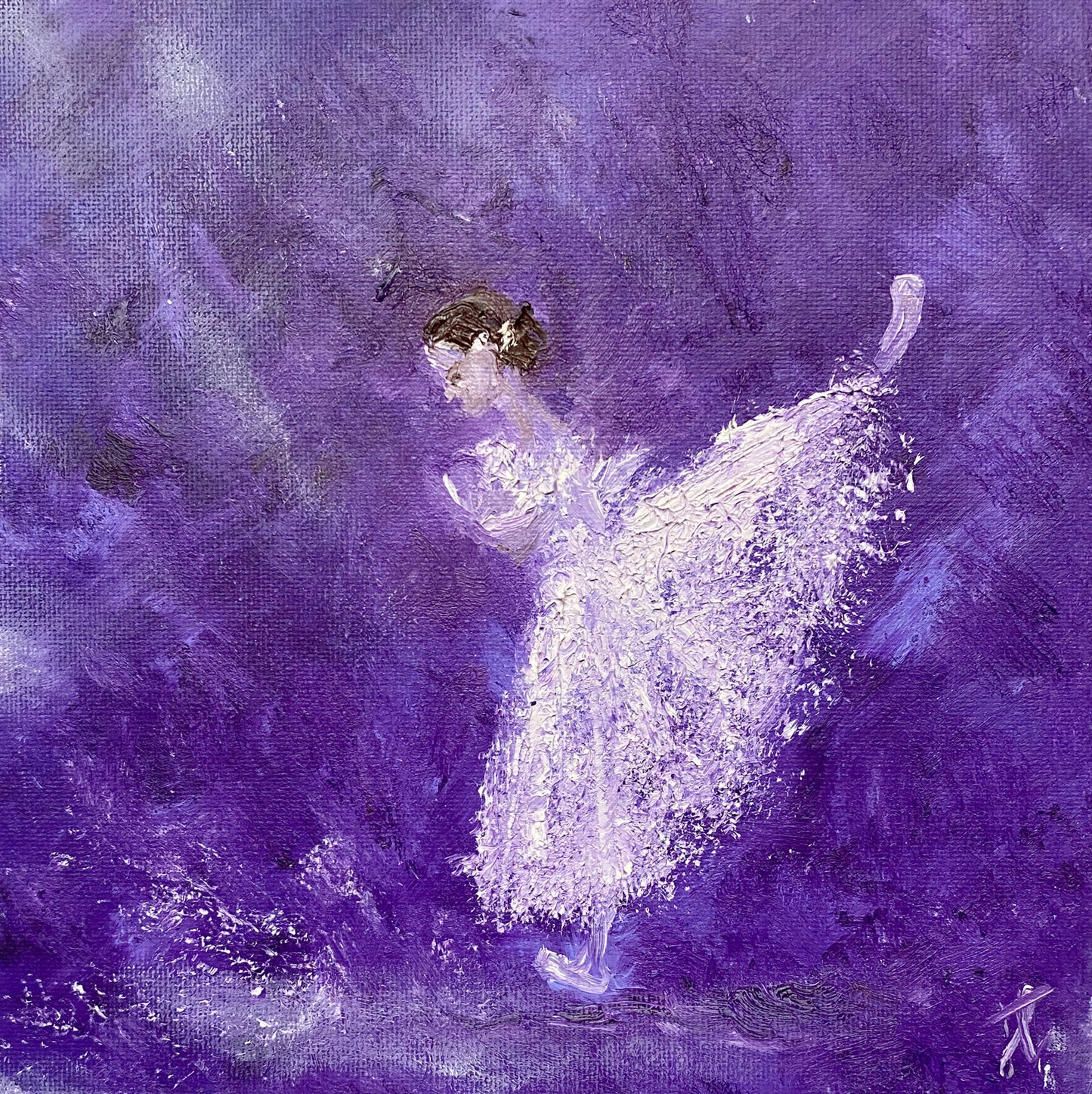 square format ballerina painting of figure in white romantic tutu against a purple background