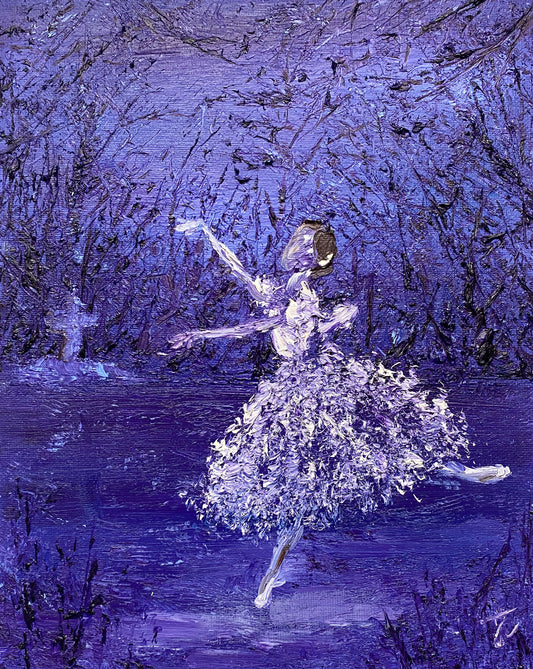 Purple ballerina painting with Giselle forest backdrop and figure in white romantic tutu poised in third arabesque